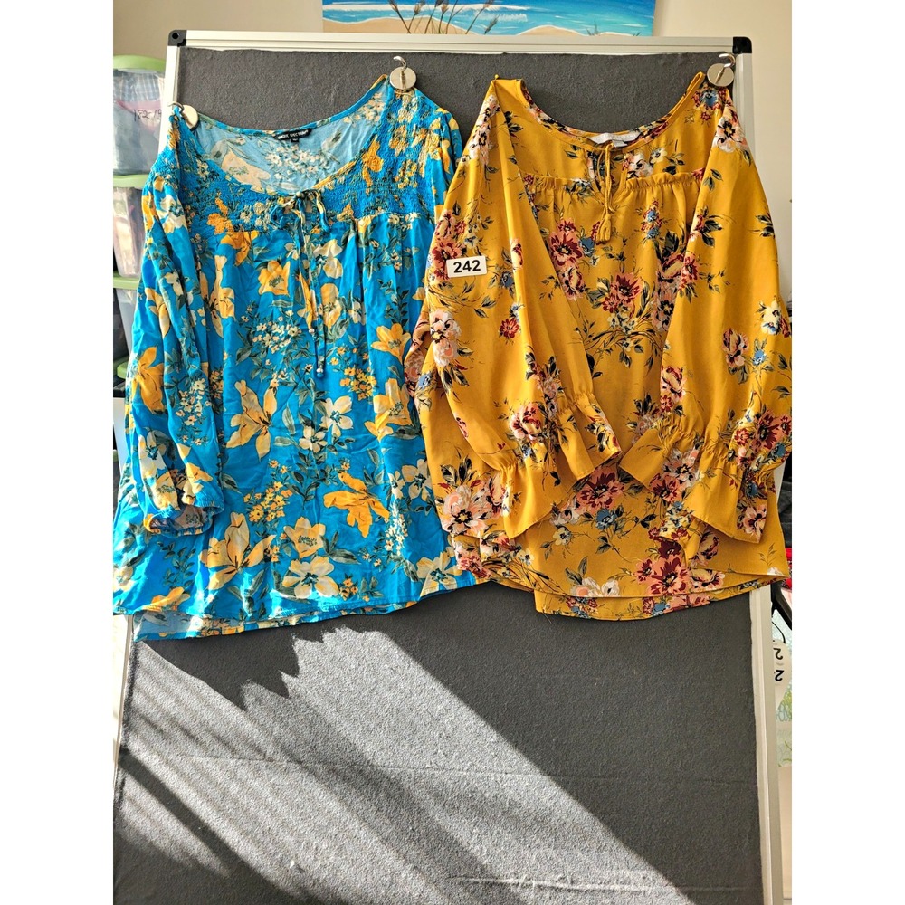 Lot Of 2 Womens Plus 2X/3X Yellow Floral Round Neck 3/4 Woven Tie Blouses
